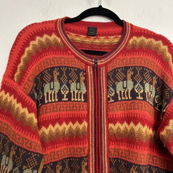 Arcohi's VTG 90s 100% Alpaca Wool Cardigan Sweater Lama Novelty Print Colorful - Picture 2 of 10